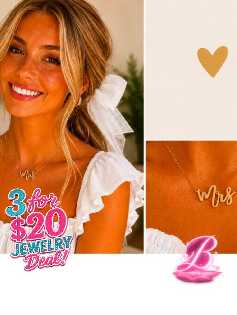 3/$20 Bridal Necklace "Mrs" Pendant - Gold - NWT